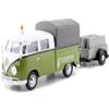 Motormax 79676 Volkswagen T1 Pickup with Canopy Green & White with Trailer Road Service 1-24 Scale Diecast Model Car view 1
