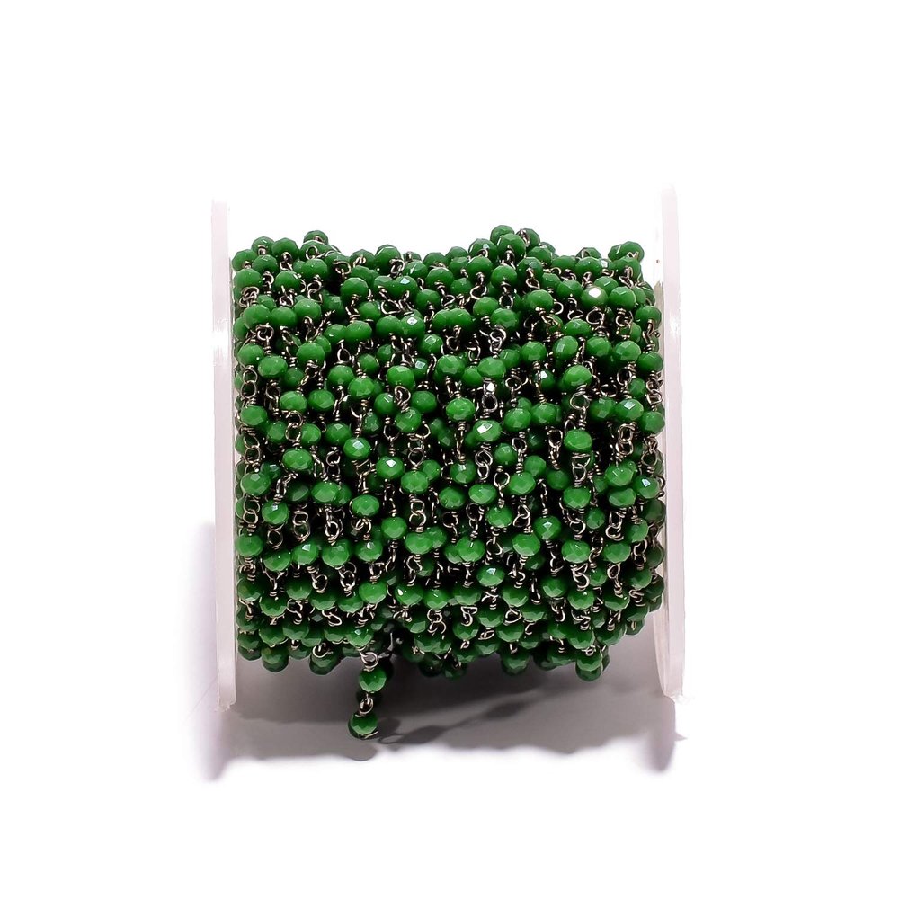 BEADS HUB 1-10 Feet Multi Color Chalcedony Gemstone Rondelle Faceted 4x3 mm Beads Black Plated Wire Wrapped Rosary Chain, Hydro Quartz Beaded Chain for Jewelry Making (Dark Green, 10 Feet)
