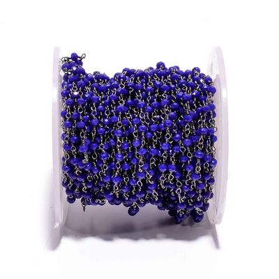 BEADS HUB 1-10 Feet Multi Color Chalcedony Gemstone Rondelle Faceted 4x3 mm Beads Black Plated Wire Wrapped Rosary Chain, Hydro Quartz Beaded Chain for Jewelry Making (Lapis Blue, 10 Feet)
