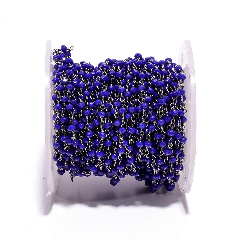 BEADS HUB 1-10 Feet Multi Color Chalcedony Gemstone Rondelle Faceted 4x3 mm Beads Black Plated Wire Wrapped Rosary Chain, Hydro Quartz Beaded Chain for Jewelry Making (Lapis Blue, 10 Feet)