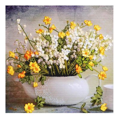 Pigeon Fleet BYellow Flower Ribbon Embroidery Kit Stamped Cross Stitch Kit Embroidery Kits Wall Decor