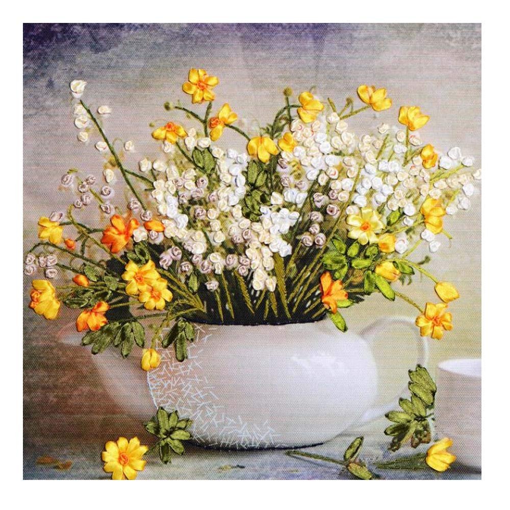 Pigeon Fleet BYellow Flower Ribbon Embroidery Kit Stamped Cross Stitch Kit Embroidery Kits Wall Decor