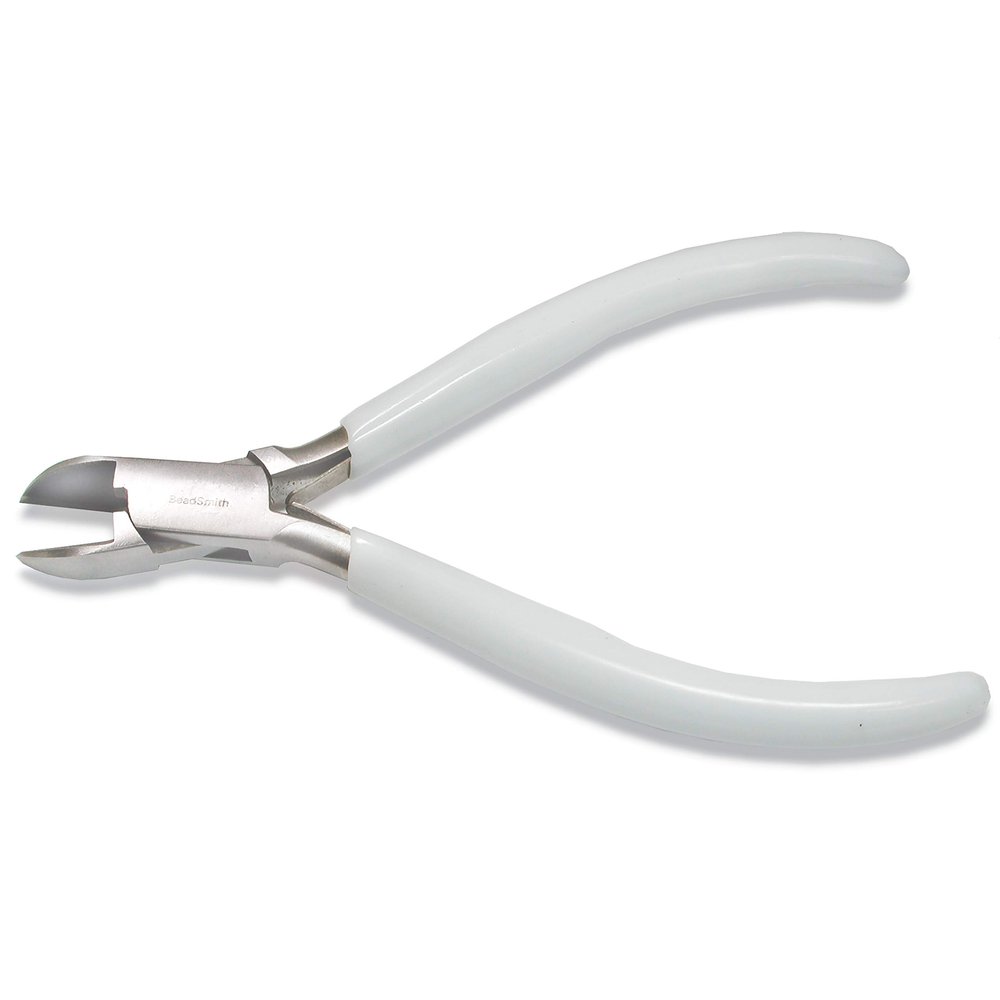 The Beadsmith 5 inch (130mm) Side Cutter, with polished steel head, white PVC comfort grip and double-leaf spring handle, jewelry making tool, 300 series