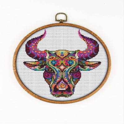 Mandala Bull K229 Counted Cross Stitch KIT#2. Threads, Needles, Fabric, Clippers, Needle Threader and Printed Pattern Inside. Embroidery Pattern Kit