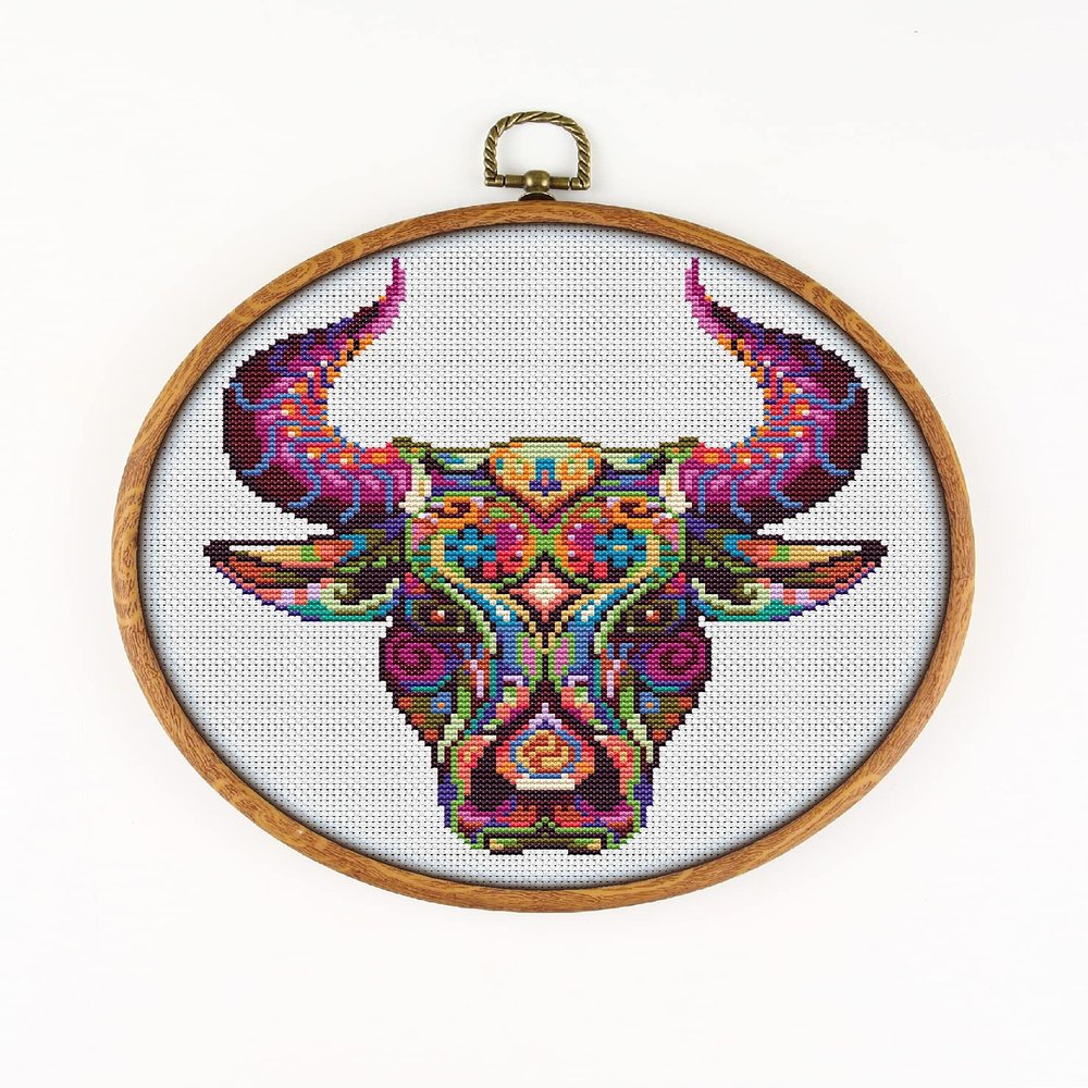 Mandala Bull K229 Counted Cross Stitch KIT#2. Threads, Needles, Fabric, Clippers, Needle Threader and Printed Pattern Inside. Embroidery Pattern Kit