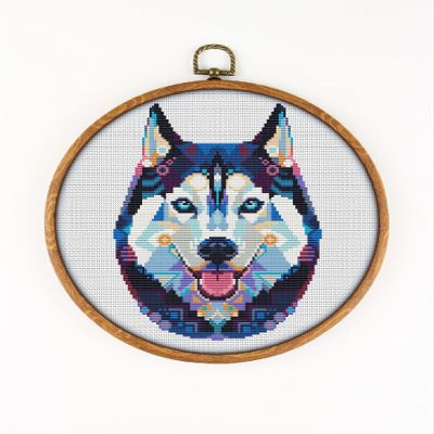 Siberian Husky K795 Counted Cross Stitch KIT#2. Threads, Needles, Fabric, Clippers, Needle Threader and Printed Pattern Inside. Embroidery Pattern Kit