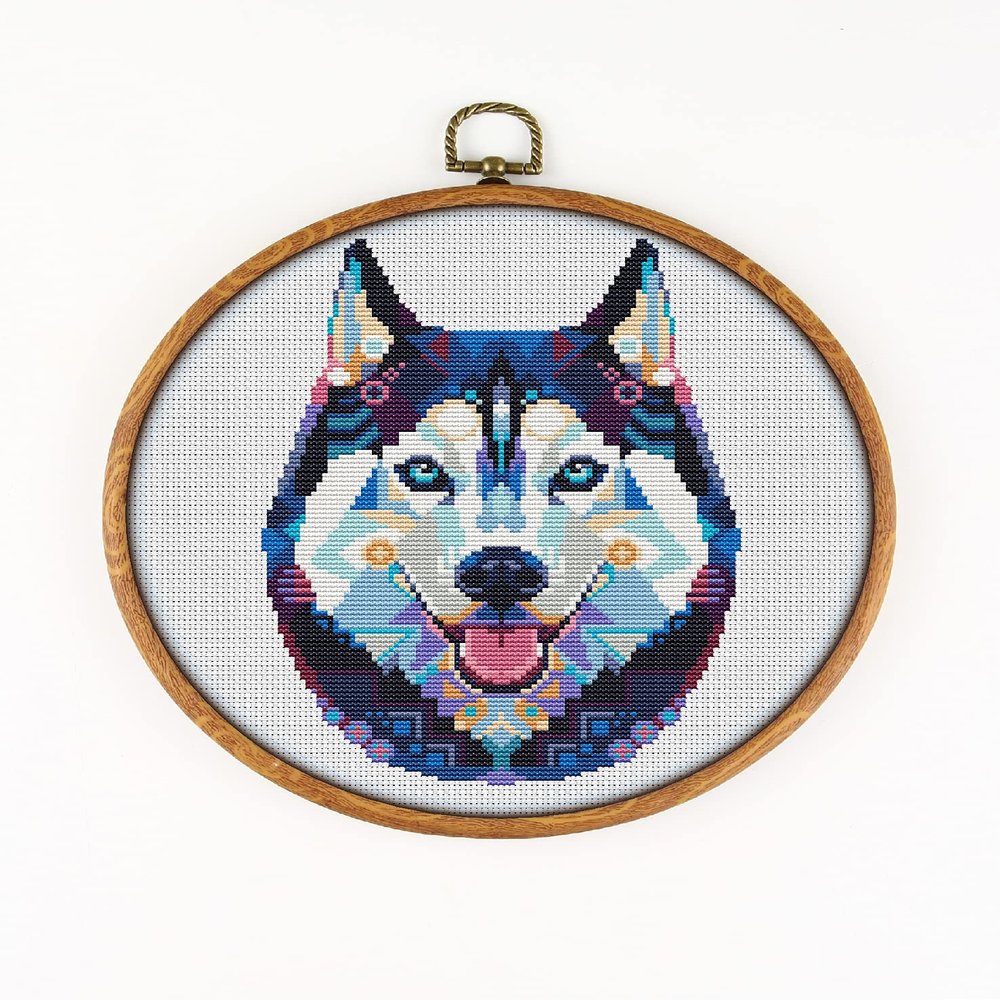 Siberian Husky K795 Counted Cross Stitch KIT#2. Threads, Needles, Fabric, Clippers, Needle Threader and Printed Pattern Inside. Embroidery Pattern Kit