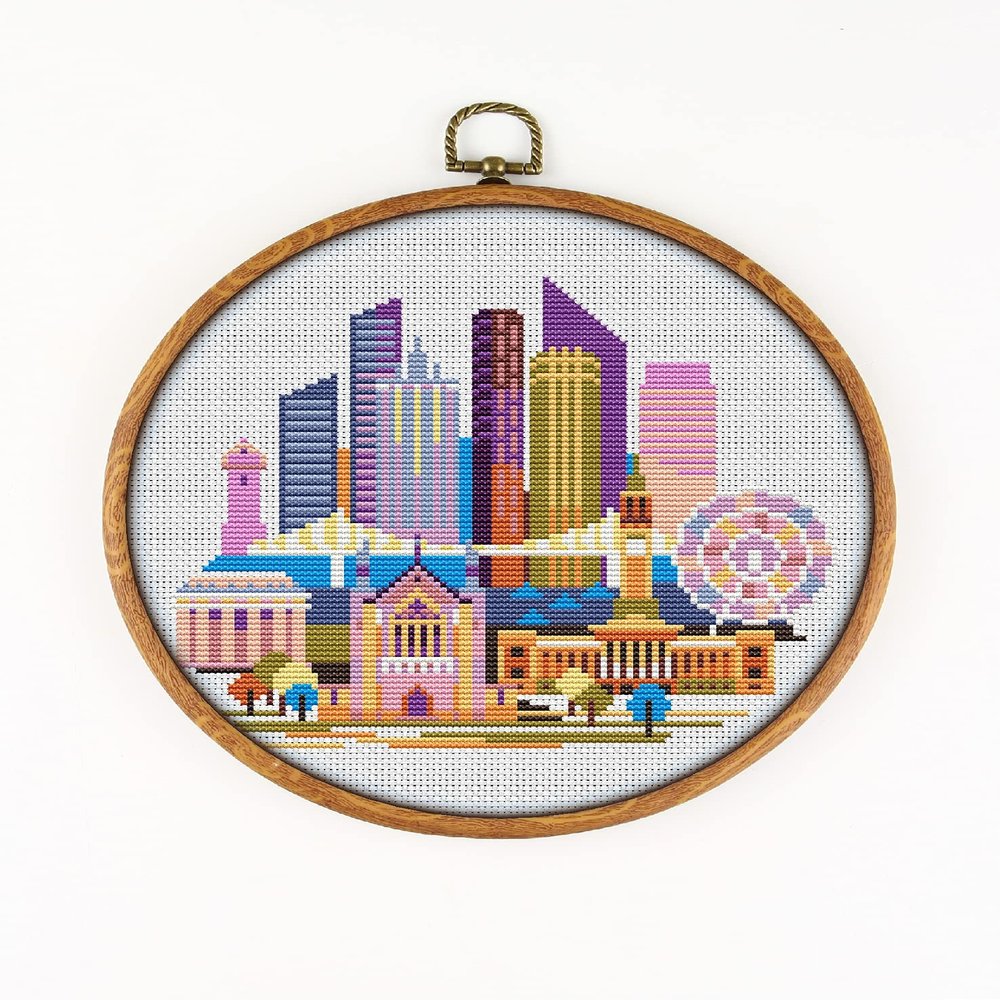 Brisbane K836 Counted Cross Stitch KIT#3. Threads, Needles, Fabric, Embroidery Hoop and Printed Color Pattern Inside. Embroidery Pattern