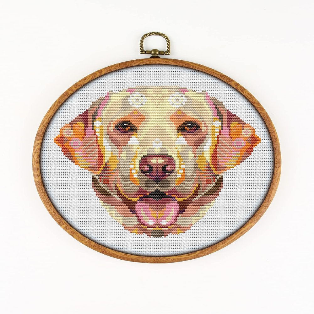 Retriever Labrador K786 Counted Cross Stitch KIT#3. Threads, Needles, Fabric, Embroidery Hoop and Printed Color Pattern Inside. Embroidery Pattern