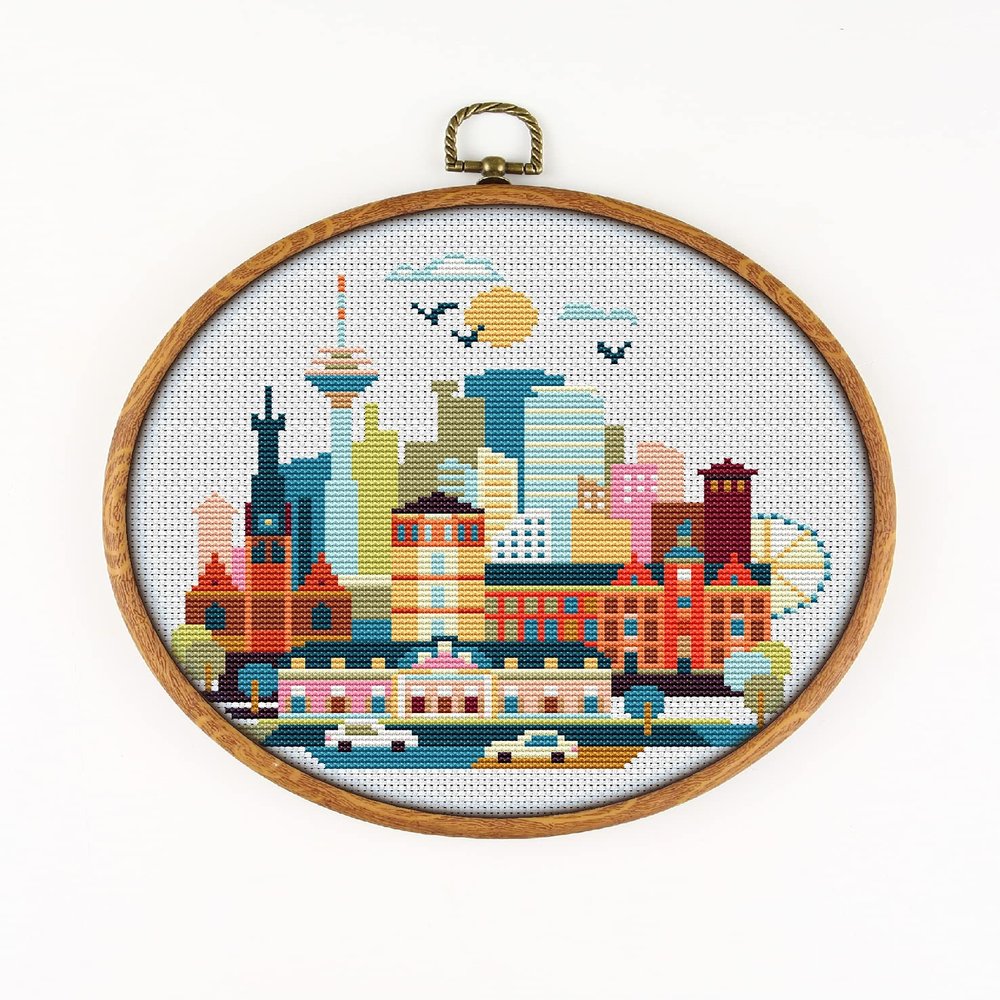 Dusseldorf K918 Counted Cross Stitch KIT#3. Threads, Needles, Fabric, Embroidery Hoop and Printed Color Pattern Inside. Embroidery Pattern