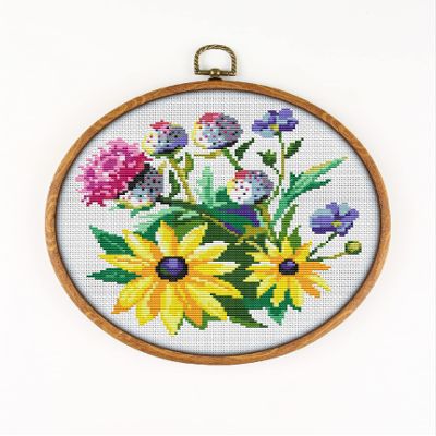 Flax Rudbeckia and Silybum Marianum Flowers K969 Counted Cross Stitch KIT#3. Threads, Needles, Fabric, Embroidery Hoop and Printed Color Pattern Inside. Embroidery Pattern