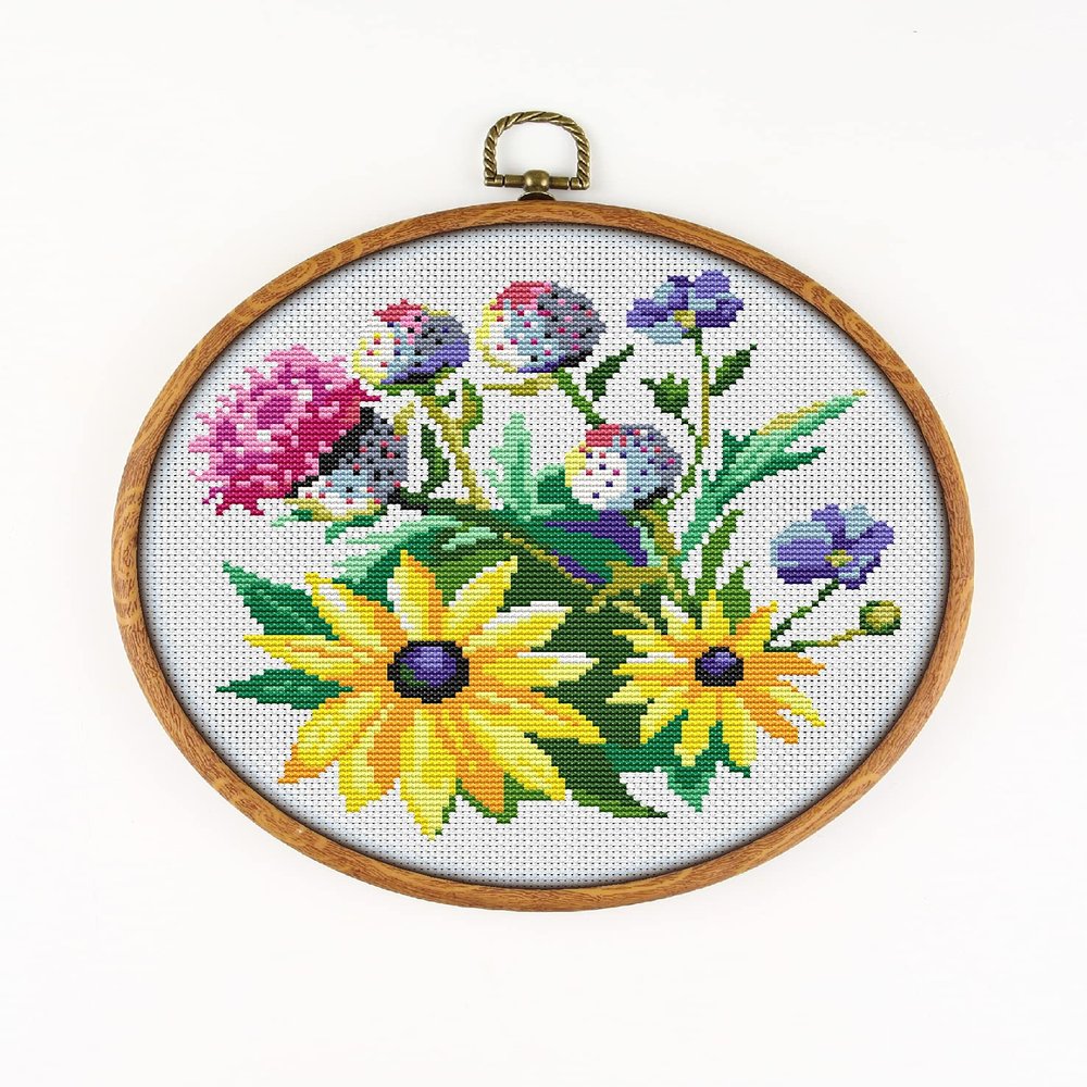 Flax Rudbeckia and Silybum Marianum Flowers K969 Counted Cross Stitch KIT#3. Threads, Needles, Fabric, Embroidery Hoop and Printed Color Pattern Inside. Embroidery Pattern