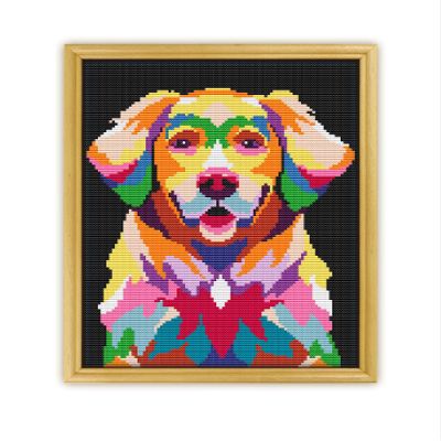 Golden Retriever Dog Abstract Animal K910 Counted Cross Stitch KIT#3. Threads, Needles, Fabric, Embroidery Hoop and Printed Color Pattern Inside. Embroidery Pattern