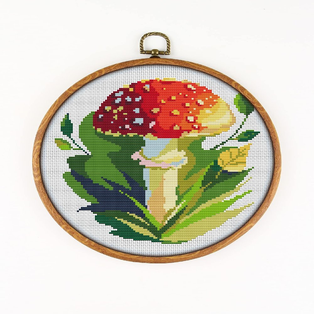 Fly Agaric Mushroom K1000 Counted Cross Stitch KIT#3. Threads, Needles, Fabric, Embroidery Hoop and Printed Color Pattern Inside. Embroidery Pattern