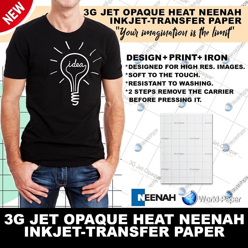 Inkjet Heat Transfer Paper for Dark Garments 3g Jet Opaque Pack of 10 Sheets- 8.5x11