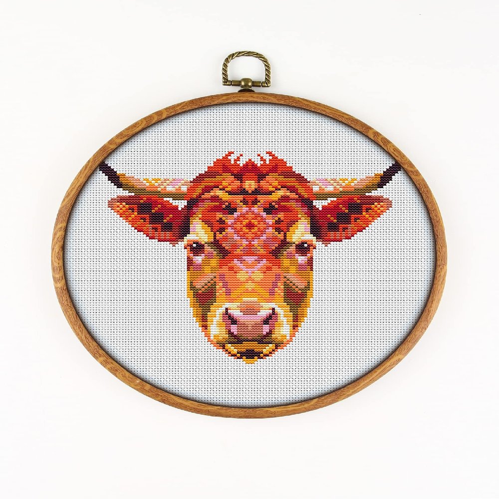 Cow K1159 Counted Cross Stitch KIT#2. Threads, Needles, Fabric, Clippers, Needle Threader and Printed Pattern Inside. Embroidery Pattern Kit