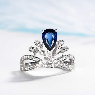 925 Sterling Silver Shiny Sapphire Bride Ring Queen Princess Crown Cubic Zirconia Anniversary Promise Rings CZ Teardrop Halo Classic Eternity Engagement Wedding Band Ring for Women (US Code 7)