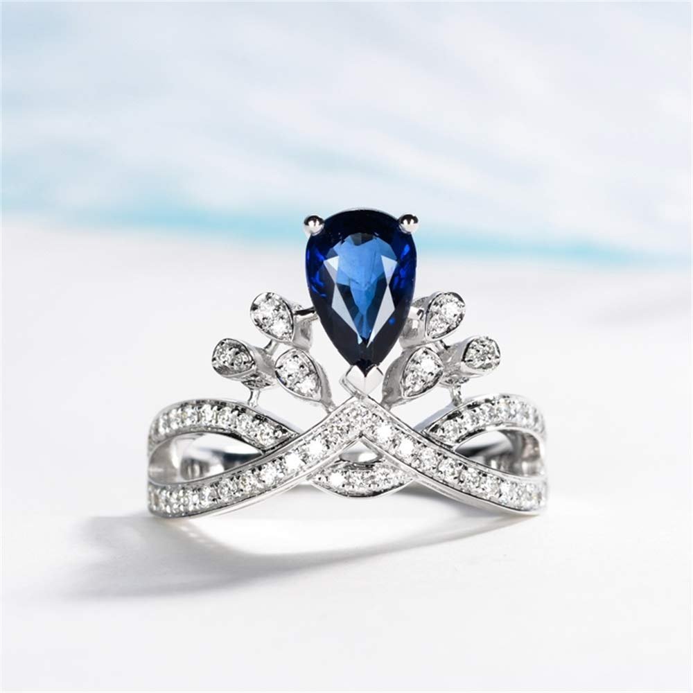 925 Sterling Silver Shiny Sapphire Bride Ring Queen Princess Crown Cubic Zirconia Anniversary Promise Rings CZ Teardrop Halo Classic Eternity Engagement Wedding Band Ring for Women (US Code 7)