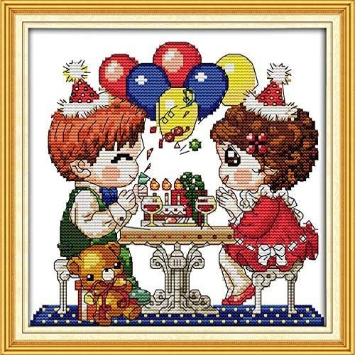 Happy Forever Cross Stitch Kits 11CT Stamped Patterns for Kids and Adults, DIY Preprinted Embroidery kit for Beginner, Pure Childhood (K835 Happy Birthday, Size 11''x11'')