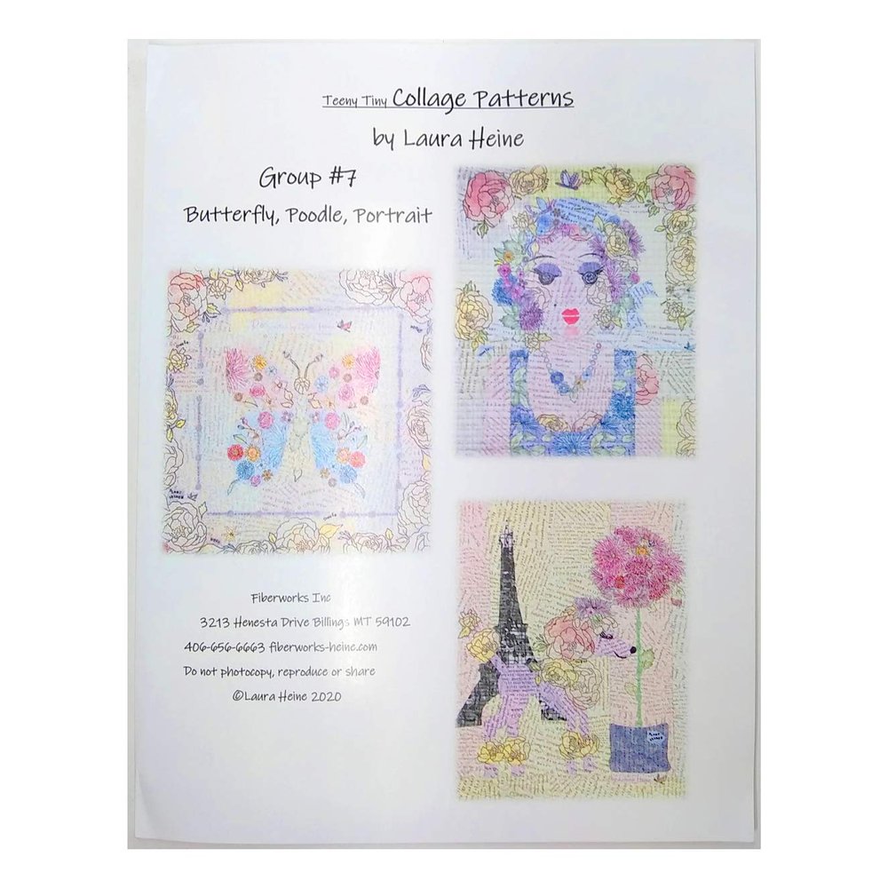 Laura Heine Quilt Pattern for Fiberworks Inc - Teeny Tiny Collage Patterns Set #7: Butterfly, Paris Poodle, and Portrait