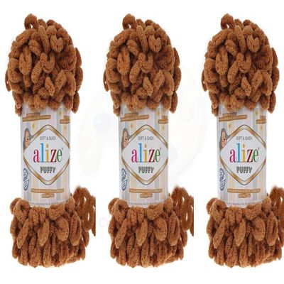 Alize Puffy Baby Blanket Yarn Lot of 3skn 300gr 30yds 100% Micropolyester Soft Yarn Hand Knitting Yarn Super Chunky Bulky Woven Worested Yarn (179 - Camel)