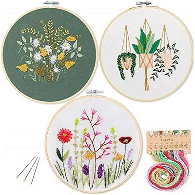 COPYLOVE 3Pcs Full Range of Stamped Embroidery Kit, Embroidery Starter Kit with Color Pattern and Instructions, Cross Stitch Kit-Bamboo Embroidery Hoop, Color Threads and Tools Kit
