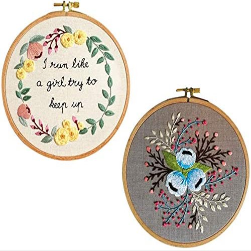 COPYLOVE 2Pcs Embroidery Starter Kit, Embroidery Kit Cross Stitch Kit Including Stamped Embroidery Cloth with Floral Pattern, Plastic Embroidery Hoop, Color Threads and Tools Kit