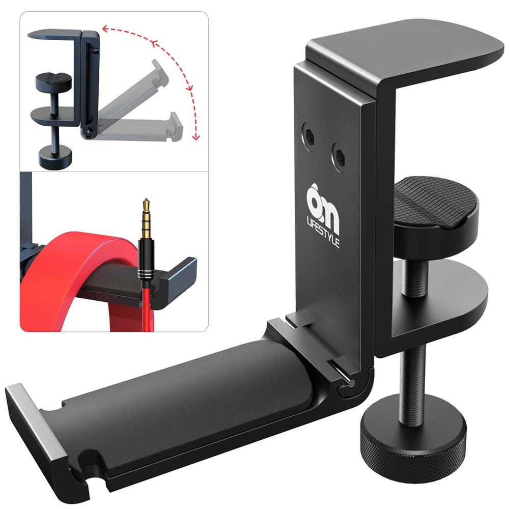 6amLifestyle Foldable All Aluminum Headphone Hook Holder for Desk, Under Desk Headphone Hanger Stand with Cable Organizer, Headset Holder Clamp for PC Gaming Headsets, Bag Hooks Accessories
