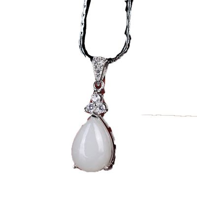 Natural Hetian Jade White Jade Water Drop Pendant Women's Silver Inlaid Jade Water Drop Jade Pendant Jade Necklace