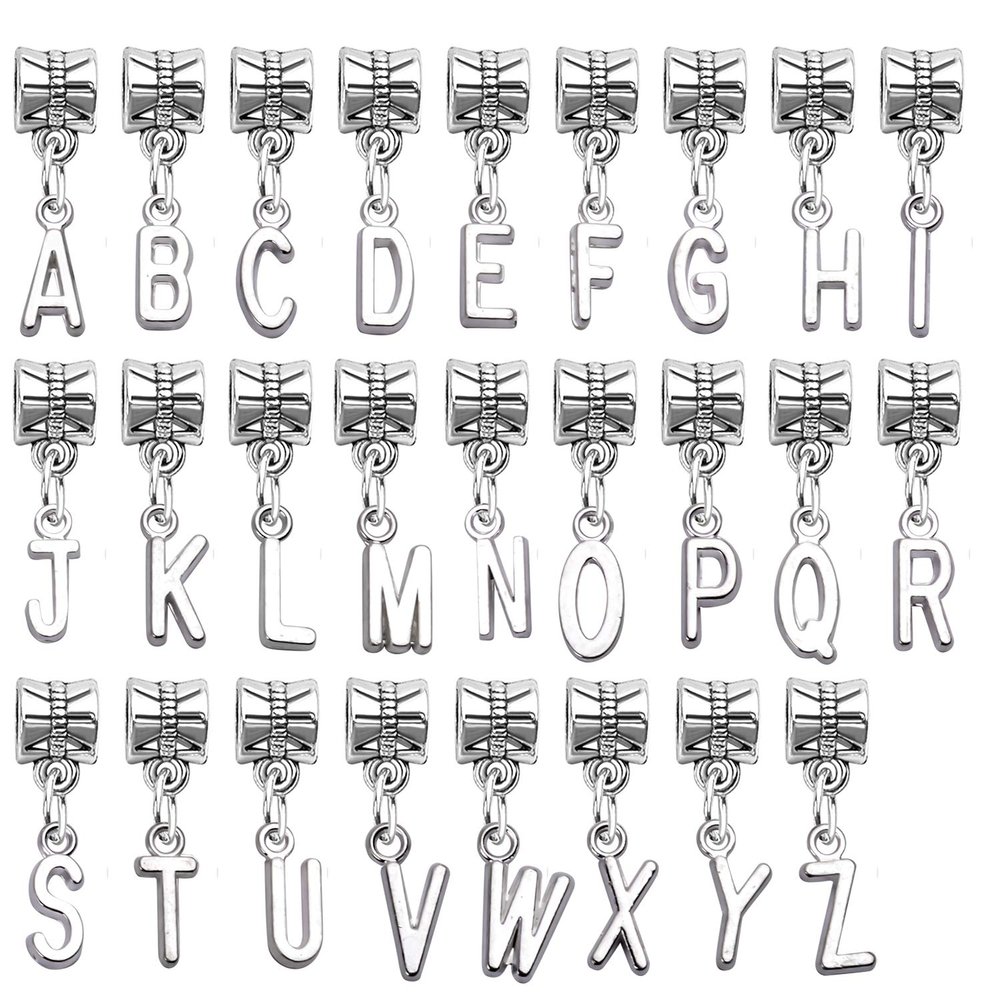 Aylifu 26pcs Letter Charms Alphabet A - Z Letter Charm Pendants with Bail Beads for Necklace Bracelets Jewelry Making,Silver