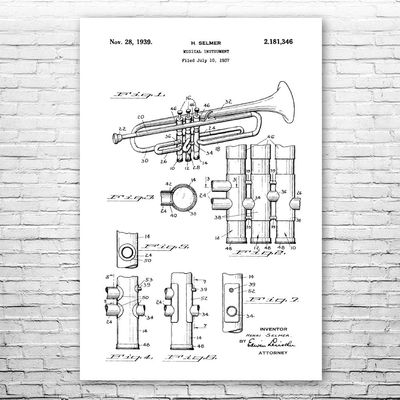 Trumpet Poster Print, Trumpet Design, Jazz Art, Music Class Decor, Music Teacher Gift, Trumpet Decor, Marching Band Gift Black & White (24 inch x 36 inch)