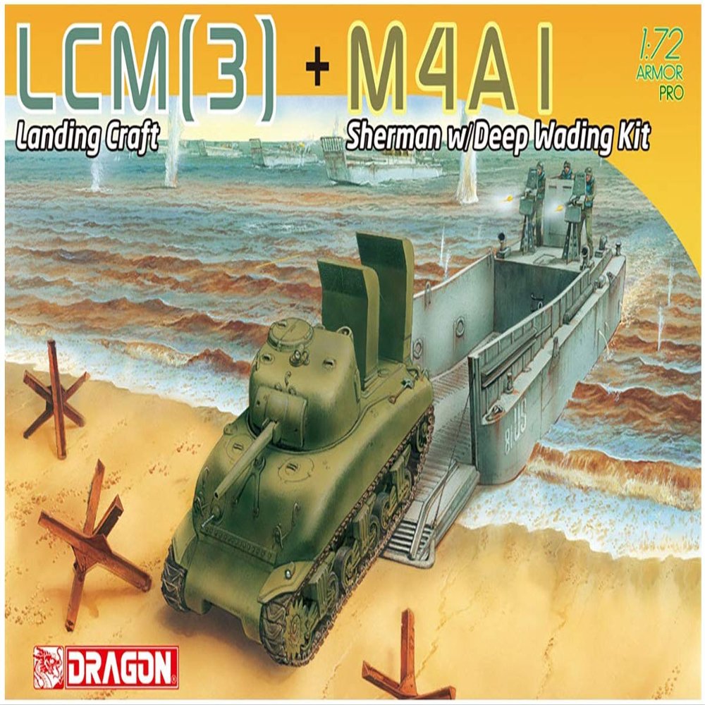 Dragon 1/72 WWII US Army Landing Boat LCM(3) M4A1 Sherman With Deep Wading Kit Plastic Model DR7516
