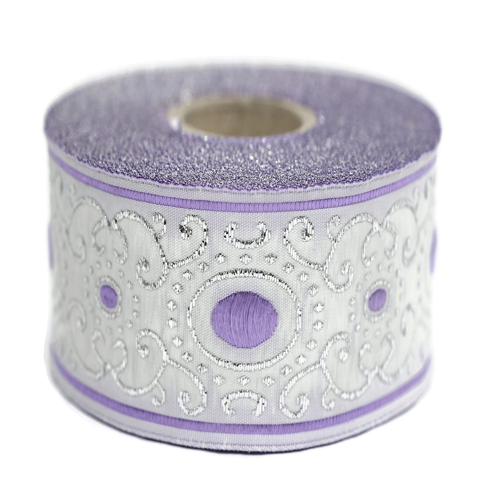 11 Yard Spool 1.37 inches Wide Lilac White Authentic Jacquard Ribbon Woven Embroidered Sewing Trim Decorative Fabric 35805