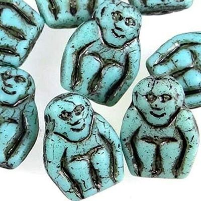 14mm Czech Glass Monkeys Beads - Matte - Turquoise - Brown Inlay (8) from D&J