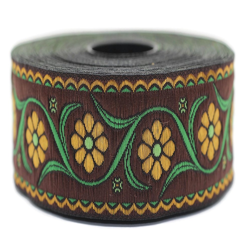 11 Yard Spool 1.37" Brown and Orange Daisy Blossom Jacquard Ribbon Trim Woven Border Embroidery Lace Tape DIY Craft Accessories Embellishment 35938 V4