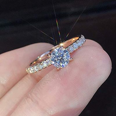 925 Sterling Silver Fashion 18k Rose Gold Bride Ring Round Cut Cubic Zirconia Anniversary Promise Rings CZ Classic Eternity Engagement Wedding Band Ring for Women (US Code 7)