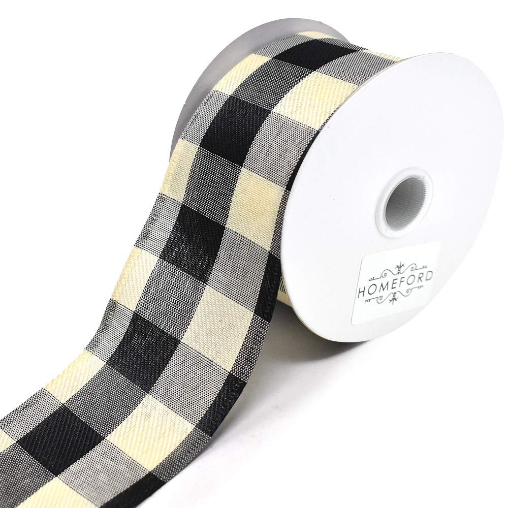 Homeford Buffalo Gingham Wired Edge Christmas Ribbon, Cream/Black, 2-1/2-Inch, 10-Yard