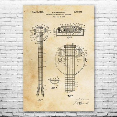 First Electric Guitar Poster Print, Frying Pan Guitar, Guitarist Gift, Recording Studio Art, Guitar Decor, Musician Gift Vintage Paper (12 inch x 16 inch)