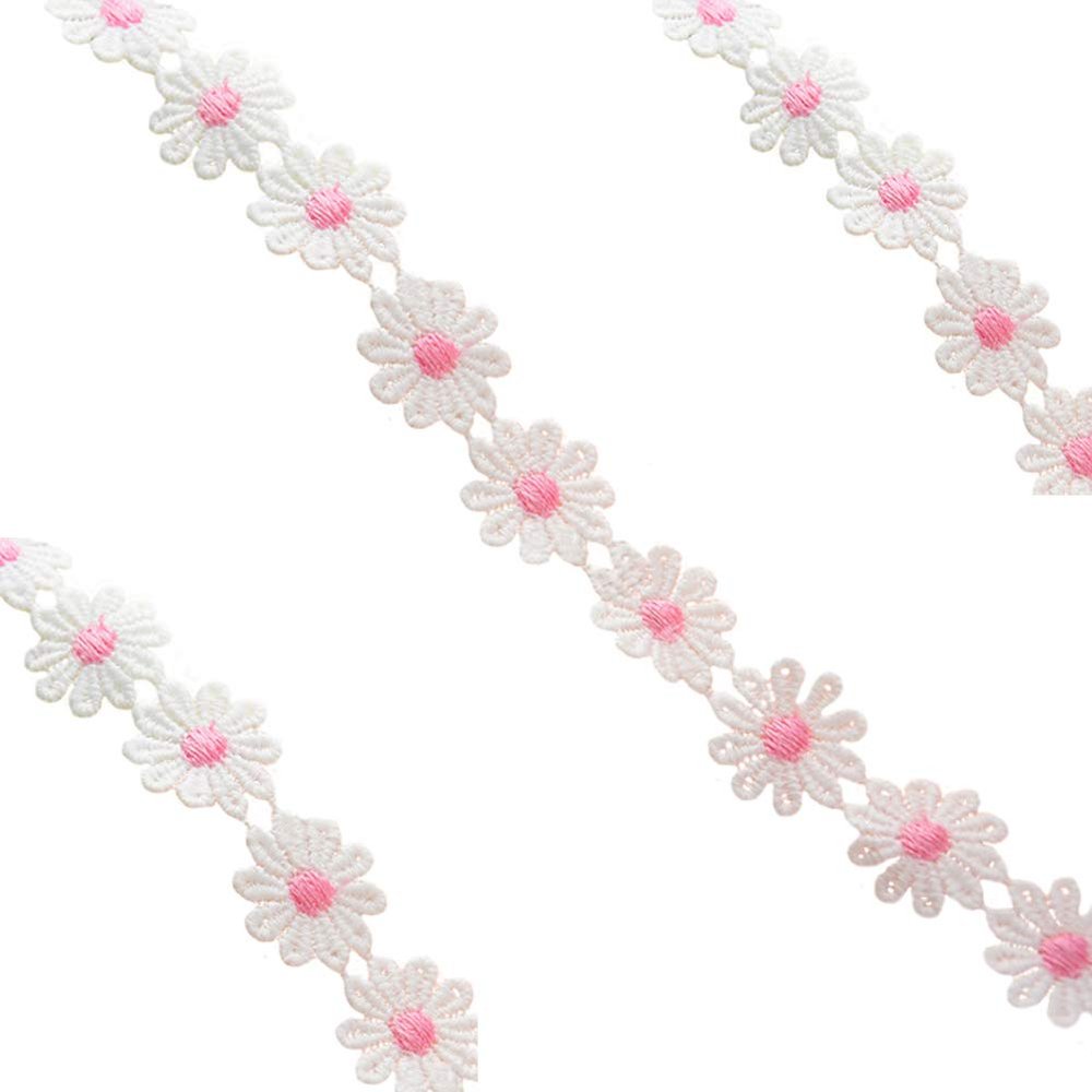 XZEN 15 Yards Daisy Flower Trim Embroidered Lace Ribbon Flower Applique for DIY Crafts Sewing Scrapbook Decor (Pink)