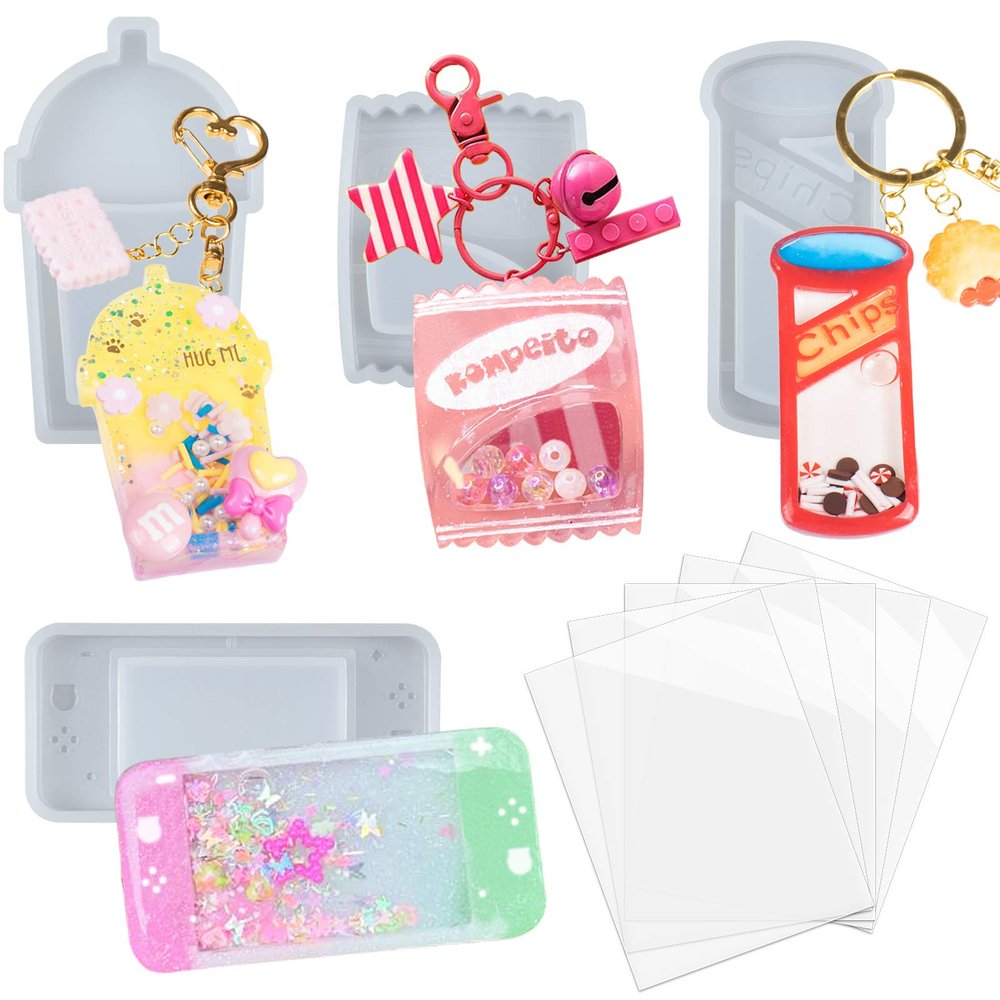 Resin Shaker Molds Set Charms Pendant Jewelry Making Supplies, Drinking Cup, Handheld Game, Chips, Candy 4 Silicone Trays with 5 Seal Films Larger 3inch