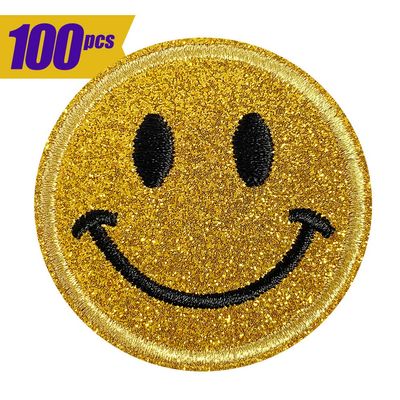 100pcs Shiny Spark Smiley Embroidered Patches Sew On/Iron On Patch Applique Clothes Dress Bags Plant Hat Jeans Shoes Sewing Decorations DIY Accessory (Golden Yellow Smiley Patch)