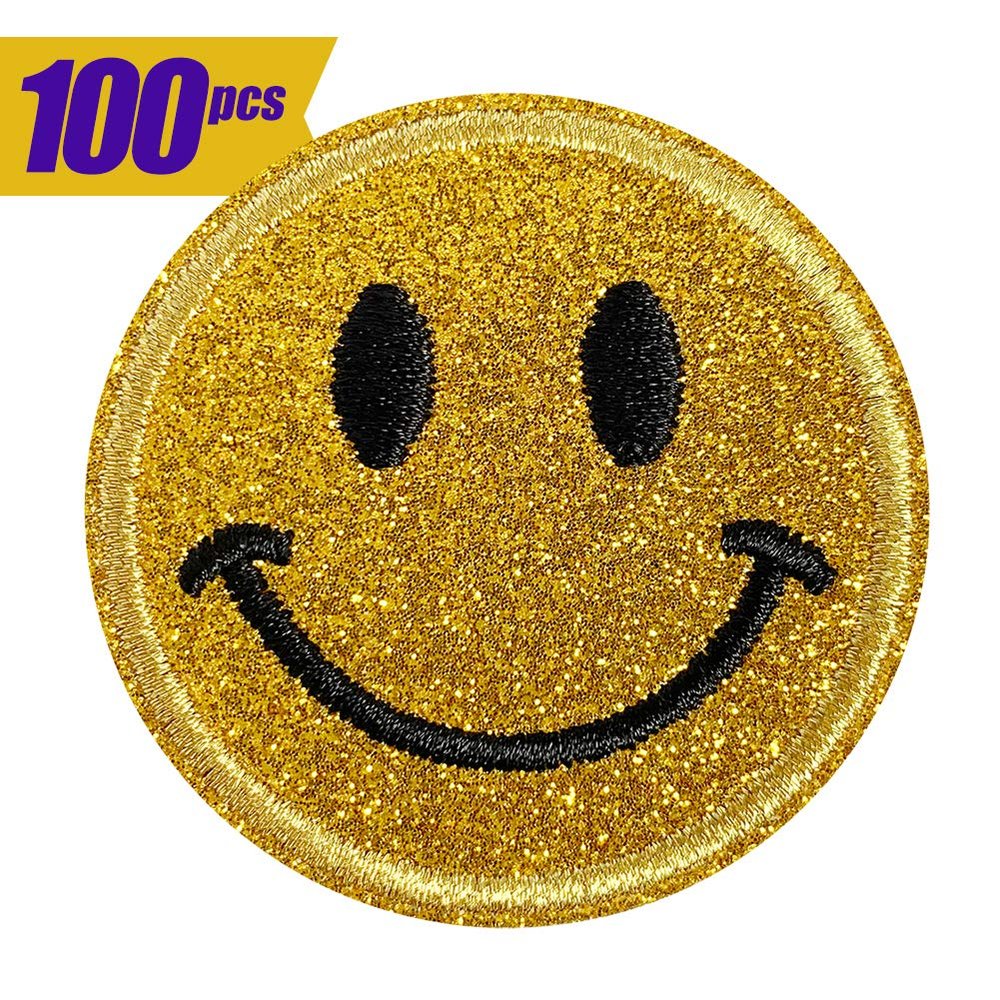 100pcs Shiny Spark Smiley Embroidered Patches Sew On/Iron On Patch Applique Clothes Dress Bags Plant Hat Jeans Shoes Sewing Decorations DIY Accessory (Golden Yellow Smiley Patch)