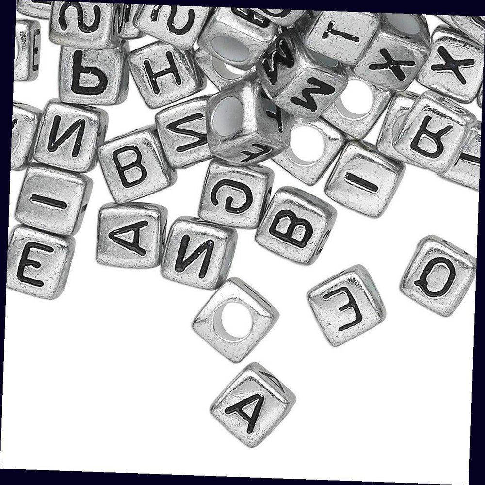 100 Silver Acrylic 4 Sided Alphabet 6x6mm Square Cube Beads for Jewelry Making Bracelets, Necklaces Supplies for DIY Crafts Beadwork