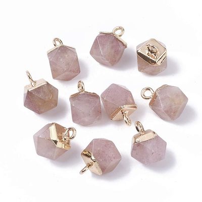 FASHEWELRY 10Pcs Faceted Polygon Natural Strawberry Quartz Stone Pendants Crystal Healing Chakra Gemstone Charms with Gold Loop 12x10mm for Jewelry Necklace Craft Making