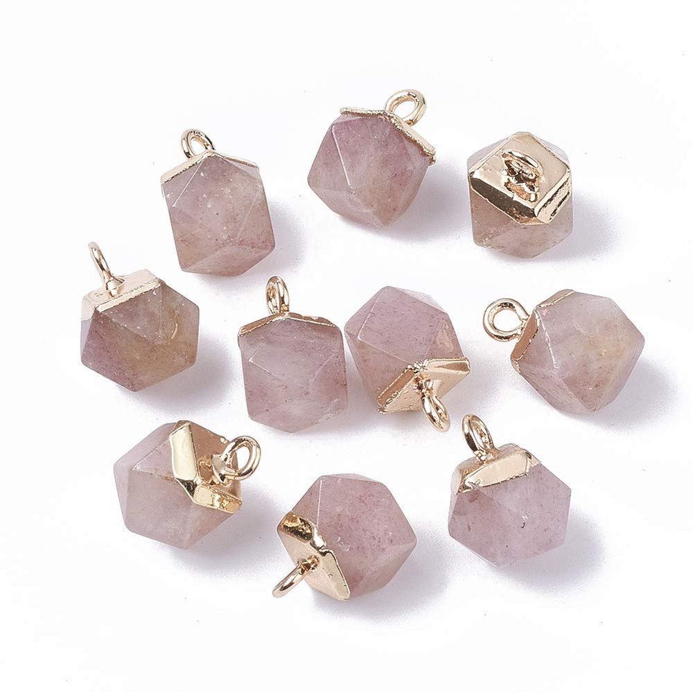 FASHEWELRY 10Pcs Faceted Polygon Natural Strawberry Quartz Stone Pendants Crystal Healing Chakra Gemstone Charms with Gold Loop 12x10mm for Jewelry Necklace Craft Making