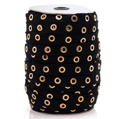 Beyond Trim Eyelet Twill Tape - 100% Cotton 1 Inch Nickel Metal Grommet Race Up Sewing Crafts DIY Black/Gold 50 Yards
