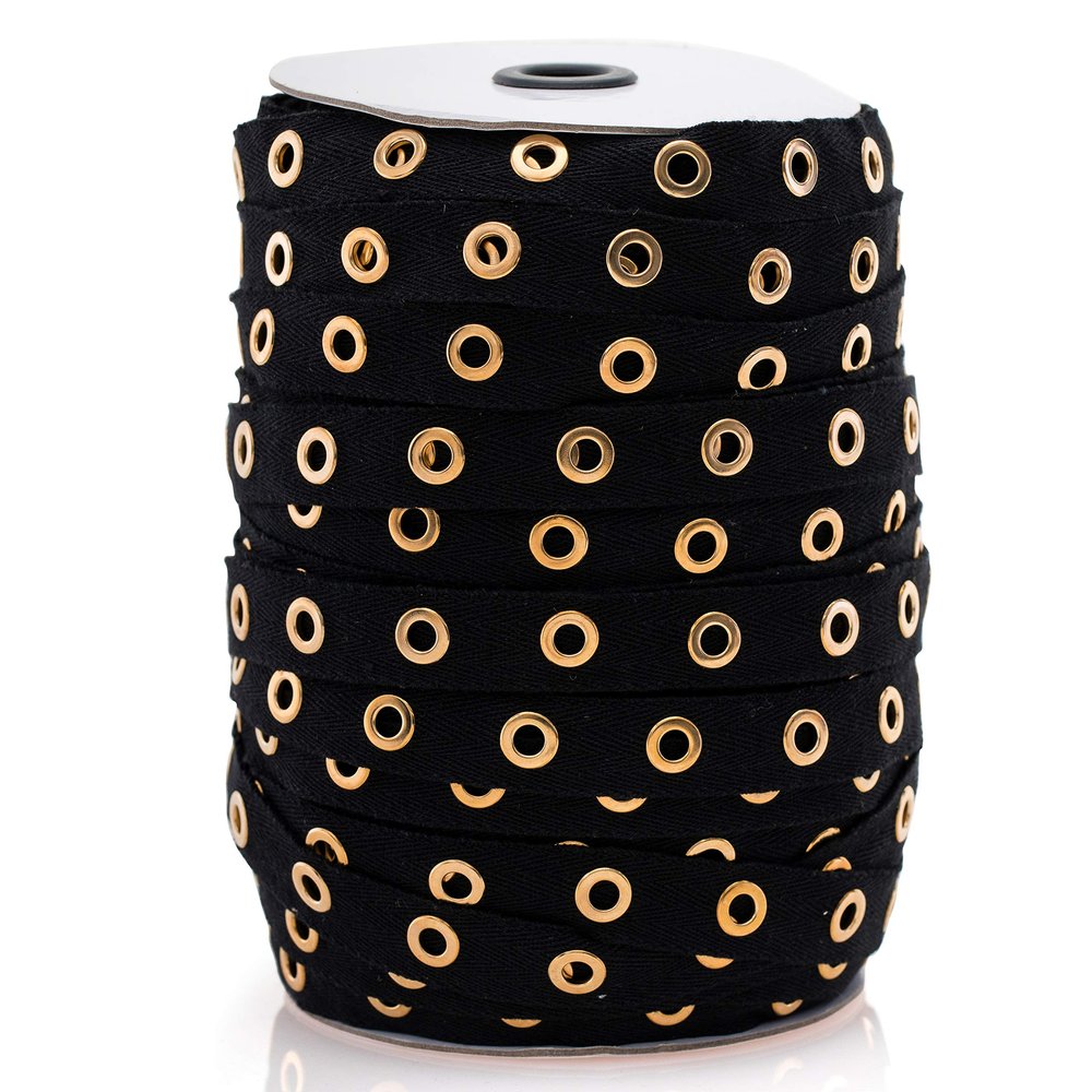 Beyond Trim Eyelet Twill Tape - 100% Cotton 1 Inch Nickel Metal Grommet Race Up Sewing Crafts DIY Black/Gold 50 Yards