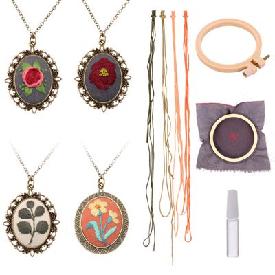 4 Sets of Embroidery Beginner Kit Embroidered Stitching Pendants Hand Sewing Necklace Earrings Pendants for Art Crafts Sewing and Hanging
