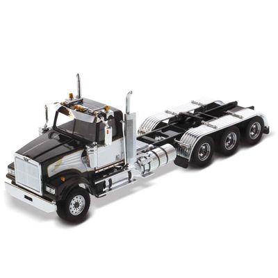 1:50 Scale Western Star 4900 SF Day Cab Tridem Tractor - Open Hood - Detroit Diesel Engine Cab - Black with White Accent - Transport Series | 1:50 Scale Diecast Collectible Model 71066