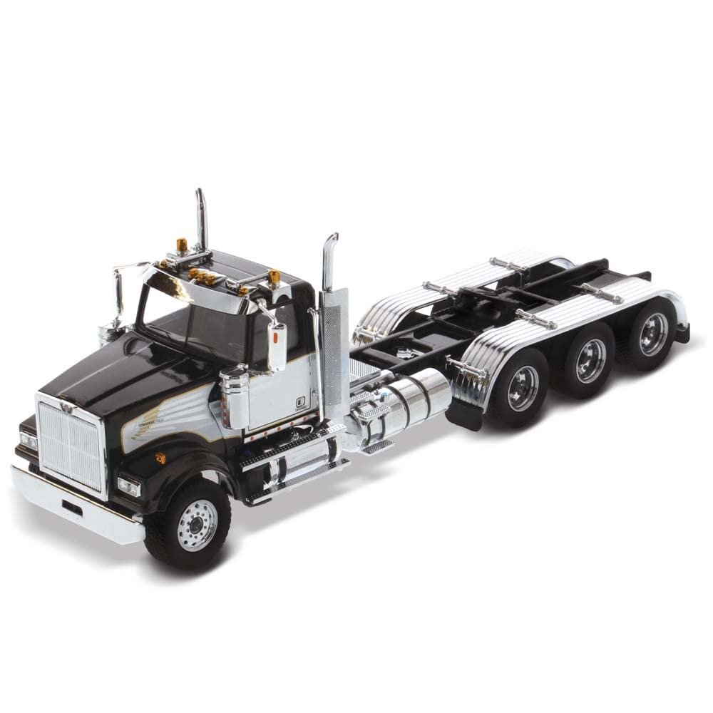 1:50 Scale Western Star 4900 SF Day Cab Tridem Tractor - Open Hood - Detroit Diesel Engine Cab - Black with White Accent - Transport Series | 1:50 Scale Diecast Collectible Model 71066